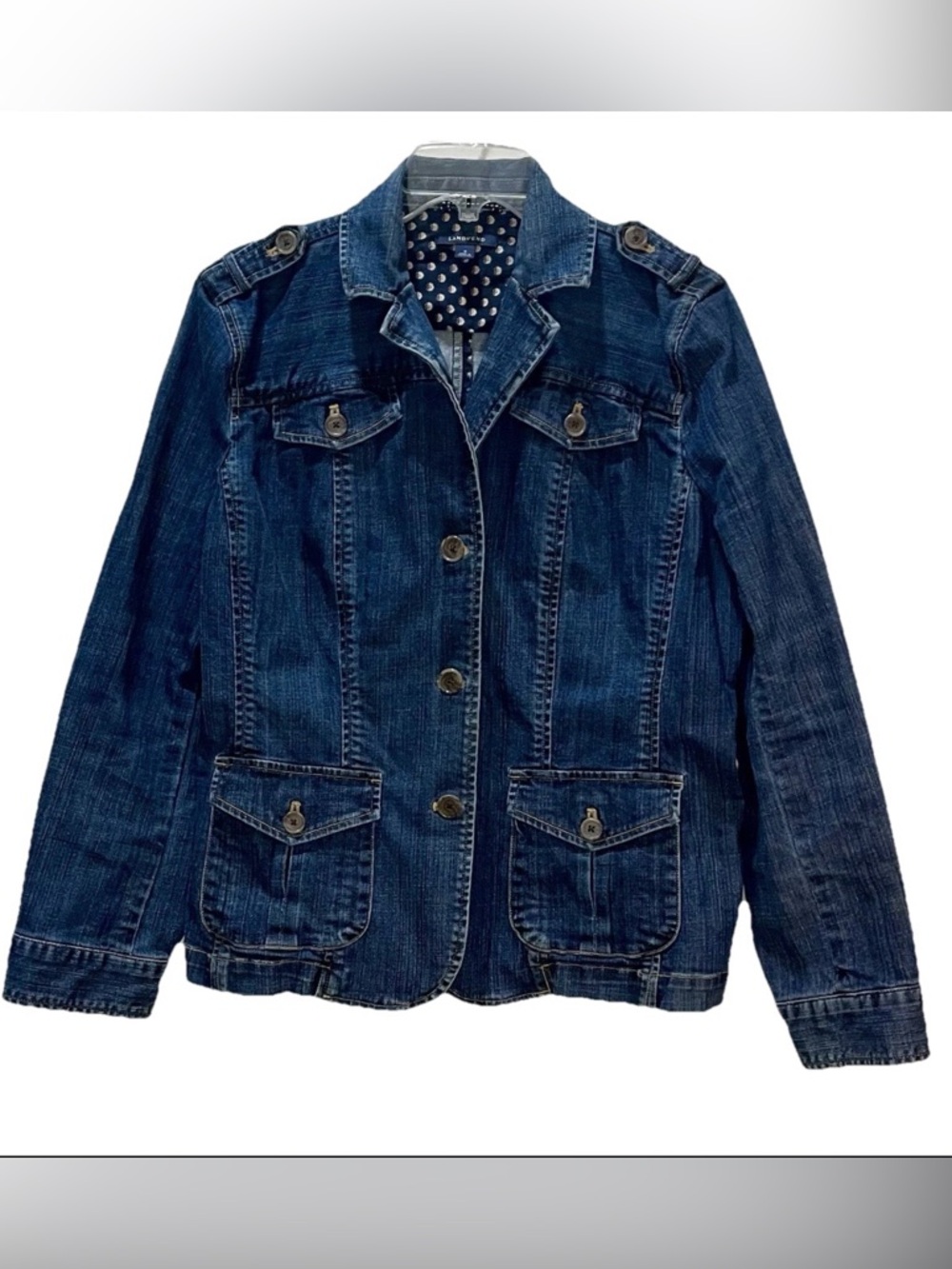 Lands' End Denim Jean Jacket Blazer Button Front and Pockets Stretch Size 16